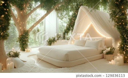 Luxurious Treehouse Bedroom with Natural View, the wooden elements and greenery add a cozy and inviting atmosphere 129836113