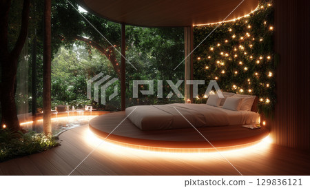 Luxurious Treehouse Bedroom with Natural View, the wooden elements and greenery add a cozy and inviting atmosphere 129836121