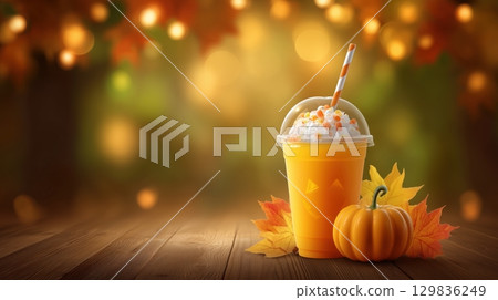 Halloween Pumpkin Drink with Fall Decor on Wooden Table 129836249