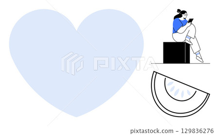 Person sitting on a box reading on a smartphone, large blue heart shape, and watermelon slice. Ideal for technology, health, mindfulness, relaxation, summer self-care digital engagement. Line Person sitting on a box reading on a smartphone, large blue heart shape, and watermelon slice. Ideal for technology, health, mindfulness, relaxation, summer self-care digital engagement. Line 129836276