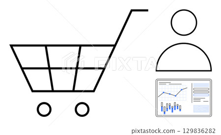 Shopping cart, user icon, and data chart with graphs. Ideal for e-commerce, online shopping, market analysis, consumer behavior, retail strategy, business analytics, and financial performance. Line Shopping cart, user icon, and data chart with graphs. Ideal for e-commerce, online shopping, market analysis, consumer behavior, retail strategy, business analytics, and financial performance. Line 129836282