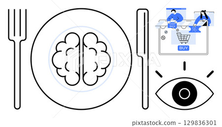 Brain on a plate with fork and knife, eye, and online shopping graphics. Ideal for psychology, marketing, consumer behavior, digital commerce, neuroscience decision-making education. Line metaphor 129836301