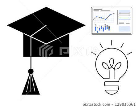 Graduation cap emphasizing education, chart with graphs representing data analysis, and light bulb symbolizing innovation. Ideal for academic success, research, business, strategy, learning 129836361