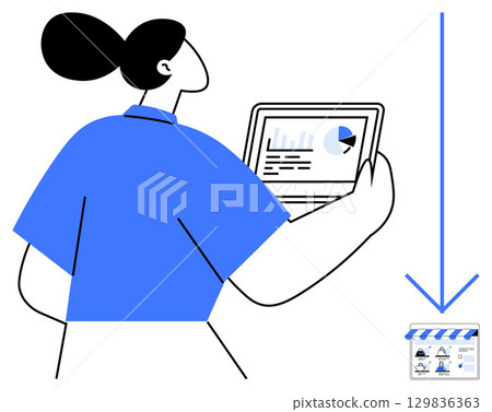 Businesswoman holding tablet displaying charts, downward arrow pointing to storefront. Ideal for business analytics, growth, small business, entrepreneurship, marketing, technology strategy. Line Businesswoman holding tablet displaying charts, downward arrow pointing to storefront. Ideal for business analytics, growth, small business, entrepreneurship, marketing, technology strategy. Line 129836363