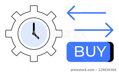Gear with clock inside beside blue buy button with left and right pointing arrows. Ideal for business strategies, time management, e-commerce, decisions, productivity, automation, workflows. Line 129836368