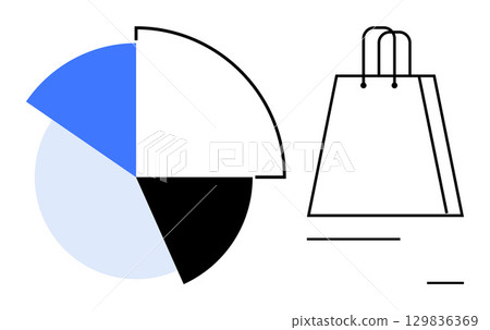 Four-section pie chart in blue, white, light blue, and black next to a shopping bag. Ideal for business analytics, market research, retail strategy, consumer behavior, shopping trends data 129836369