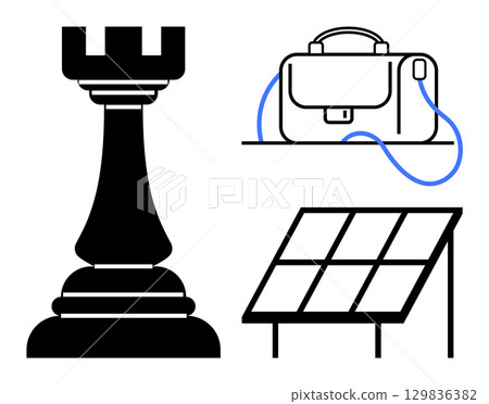 Black chess rook symbolizing strategy, briefcase with blue wire representing business and connectivity, and solar panel indicating sustainability and renewable energy. Ideal for strategic planning Black chess rook symbolizing strategy, briefcase with blue wire representing business and connectivity, and solar panel indicating sustainability and renewable energy. Ideal for strategic planning 129836382