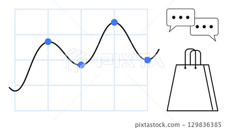 Line graph with data points on a grid, a shopping bag icon, and chat bubbles. Ideal for business analytics, retail analysis, e-commerce, communication, statistics, customer feedback and forecasting Line graph with data points on a grid, a shopping bag icon, and chat bubbles. Ideal for business analytics, retail analysis, e-commerce, communication, statistics, customer feedback and forecasting 129836385