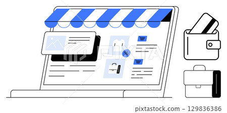 Laptop with online store interface including product images, shopping cart, percentage tag. Wallet and credit card icons. Ideal for e-commerce, shopping, retail, marketing, digital payments Laptop with online store interface including product images, shopping cart, percentage tag. Wallet and credit card icons. Ideal for e-commerce, shopping, retail, marketing, digital payments 129836386