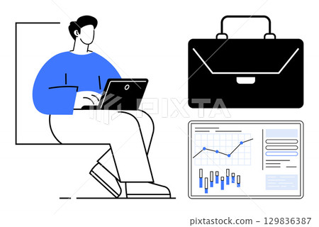 Man with laptop seated next to a briefcase and a data analytics dashboard showing graphs and charts. Ideal for business, office work, data analysis, remote work, presentations, project management Man with laptop seated next to a briefcase and a data analytics dashboard showing graphs and charts. Ideal for business, office work, data analysis, remote work, presentations, project management 129836387