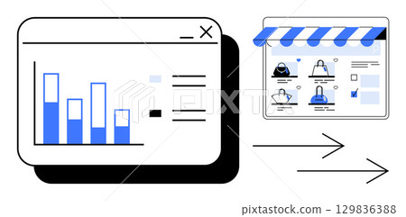 Data analysis chart with blue bar graph arrows pointing towards an online store with product icons such as clothing and bags. Ideal for e-commerce, business strategy, market analysis, sales 129836388
