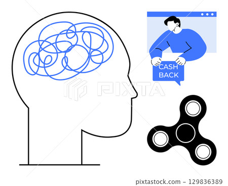 A human head with tangled lines representing complex thoughts, a person holding a cashback sign in a browser window, and a fidget spinner, emphasizing mental health and stress relief. Ideal for A human head with tangled lines representing complex thoughts, a person holding a cashback sign in a browser window, and a fidget spinner, emphasizing mental health and stress relief. Ideal for 129836389