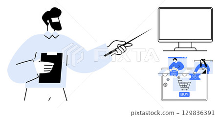 Young man holding a clipboard and pointing to a blank screen next to online shopping elements. Ideal for business strategies, e-commerce, marketing, presentations, tutorials, technology, education Young man holding a clipboard and pointing to a blank screen next to online shopping elements. Ideal for business strategies, e-commerce, marketing, presentations, tutorials, technology, education 129836391