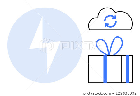 Lightning bolt in blue circle, cloud with sync arrows, and gift box with bow. Ideal for technology, cloud computing, energy, power, synchronization cloud storage and celebrations. Line metaphor 129836392