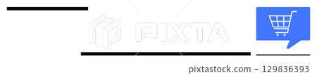 Shopping cart inside a blue speech bubble, with two horizontal black lines above and below. Ideal for e-commerce, online shopping, digital marketing, customer support, communication, retail, business Shopping cart inside a blue speech bubble, with two horizontal black lines above and below. Ideal for e-commerce, online shopping, digital marketing, customer support, communication, retail, business 129836393