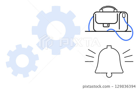 Gear wheels, briefcase with blue strap, and ringing bell. Ideal for productivity, workflow, office tools, notifications, organization, business alerts, and time management. Line metaphor 129836394
