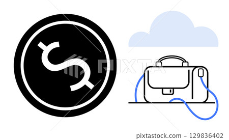 Dollar sign coin represents currency, next to a business briefcase under a cloud symbol. Ideal for finance, banking, business, cloud computing, entrepreneurship, corporate strategy, and economic 129836402