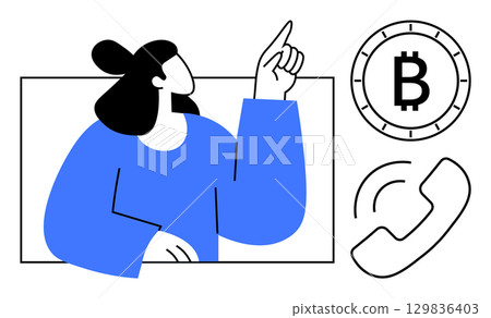 Businesswoman in blue pointing upward with Bitcoin symbol, clock and a phone icon. Ideal for finance, cryptocurrency, communication, technology, digital transactions, customer service, and investing 129836403