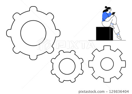 Woman in blue shirt sitting on a black block using a tablet next to three large gears. Ideal for technology, engineering, research, development, productivity, workflow, innovation. Line metaphor 129836404