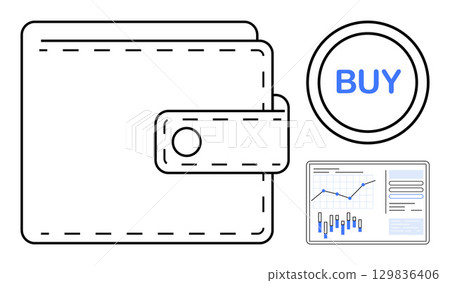 Wallet with button clasp, financial data chart showing trends, and blue BUY button. Ideal for finance tools, investment apps, personal budget, financial analysis, stock trading, savings strategies 129836406
