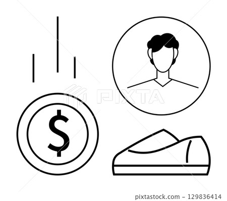 Coins falling, person inside a circle, and a pair of sneakers in minimalist line style. Ideal for finance topics, personal budgeting, e-commerce, business analytics, user profiles, consumer goods 129836414