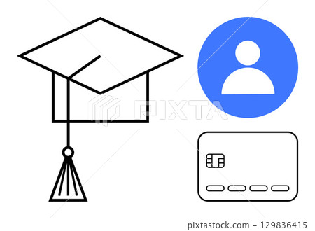 Graduation cap, user profile icon, and credit card depict education, identity, and finance. Ideal for academic achievements, personal identification, financial services, digital profiles online 129836415