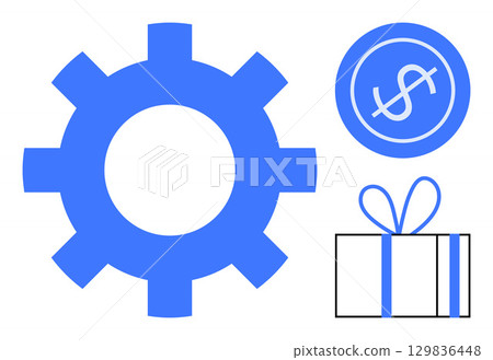 Blue gear, dollar coin, and gift box icons. Ideal for productivity, financial planning, rewards, business, automation achievement and e-commerce themes. Line metaphor 129836448