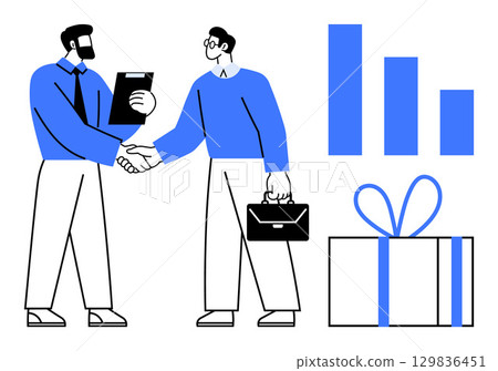 Two business professionals shake hands one holds a clipboard, another a briefcase. Bar graph and wrapped gift presented. Ideal for success, cooperation, partnerships, achievements, teamwork, rewards Two business professionals shake hands one holds a clipboard, another a briefcase. Bar graph and wrapped gift presented. Ideal for success, cooperation, partnerships, achievements, teamwork, rewards 129836451