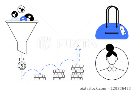 Sales funnel turning audience into revenue with stacked coins growing upwards. Handbag signifies product value. User profile icon. Ideal for business, marketing, e-commerce, finance, retail Sales funnel turning audience into revenue with stacked coins growing upwards. Handbag signifies product value. User profile icon. Ideal for business, marketing, e-commerce, finance, retail 129836453