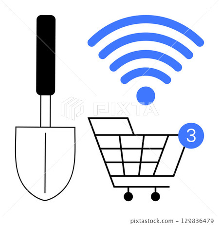 Shopping cart with notification, wireless signal, and garden trowel highlighting online retail themes. Ideal for e-commerce, gardening, wireless technology, digital shopping, notifications, internet 129836479
