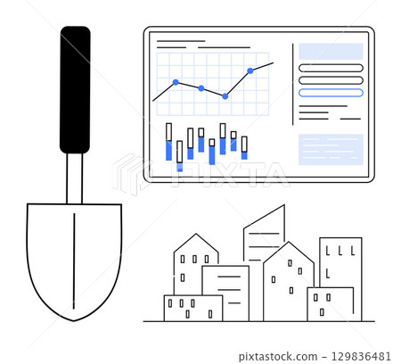 Trowel, data analytics chart with bar and line graphs, and urban buildings. Ideal for construction project management, real estate, urban planning, data analysis, business strategy, market research 129836481