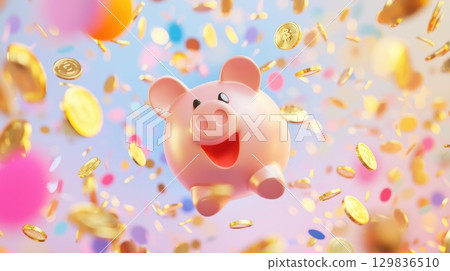 Cheerful pink piggy bank suspended amid golden coins, symbolizing financial growth and prosperity through smart saving strategies 129836510