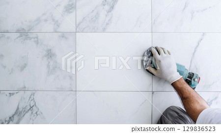 Construction worker wearing protective gloves operating orbital sander, carefully polishing marble tile floor during renovation, smoothing surface with precision for interior improvement Construction worker wearing protective gloves operating orbital sander, carefully polishing marble tile floor during renovation, smoothing surface with precision for interior improvement 129836523