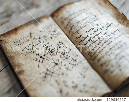 Weathered manuscript revealing cryptic symbols, handwritten script across fragile pages hinting at mysterious historical narrative 129836537