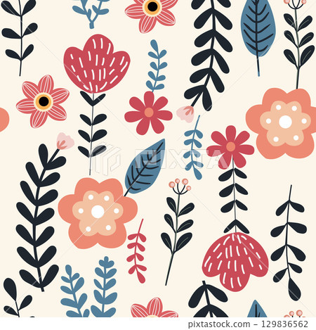 botanical seamless pattern of wildflower and foliage. 129836562