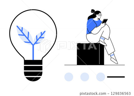 Woman sitting on a cube while reading a tablet. Large light bulb with a plant inside. Ideal for innovation, sustainability, motivation, digital learning, inspiration, technology future growth. Line 129836563