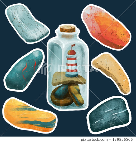 Set of stickers of ocean, sea illustrations for your design 129836566