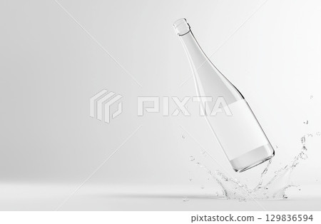Glass bottle with blank white label splashing, droplets scattering against pristine white background, highlighting product design with dynamic water movement and clean aesthetic Glass bottle with blank white label splashing, droplets scattering against pristine white background, highlighting product design with dynamic water movement and clean aesthetic 129836594