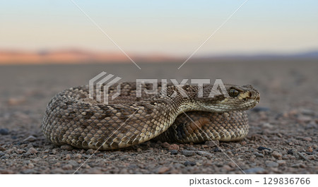 A rattlesnake rests on gravel, alert and ready in its natural habitat. 129836766