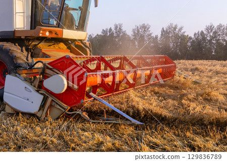 Combine header in evening light, close-up 129836789