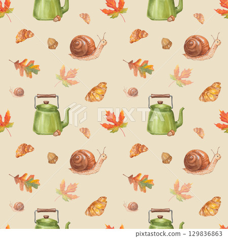 Watercolor seamless autumn pattern with kettle, snale, croissant, leaves, acorns 129836863