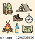Set of camping and hiking equipment icons including backpack tent boots compass campfire water bottle and map. 129836930