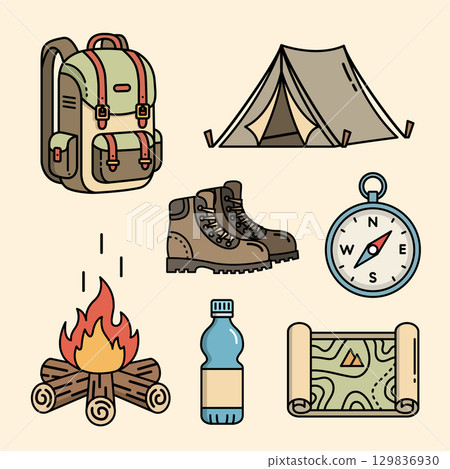Set of camping and hiking equipment icons including backpack tent boots compass campfire water bottle and map. Set of camping and hiking equipment icons including backpack tent boots compass campfire water bottle and map. 129836930