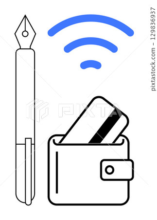 Fountain pen, wallet with a credit card, and wireless symbol. Ideal for digital transactions, finance tech, contactless payments, business, e-commerce security futuristic themes. Line metaphor 129836937