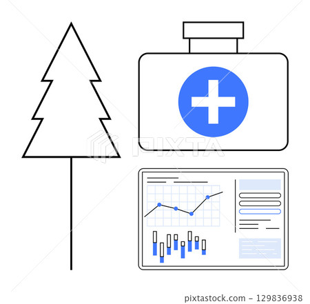 Medical kit with blue cross, a pine tree, and a data chart showing graphs and bars. Ideal for healthcare, environmental studies, data analysis, medical research, forest conservation, biology Medical kit with blue cross, a pine tree, and a data chart showing graphs and bars. Ideal for healthcare, environmental studies, data analysis, medical research, forest conservation, biology 129836938