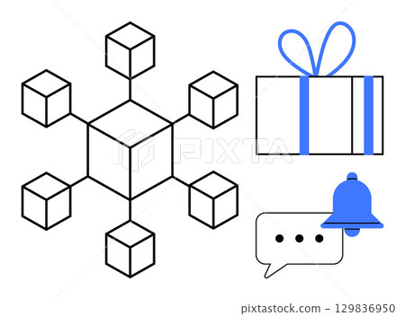 Network of connected cubes, present with ribbon, notification bell with speech bubble. Ideal for technology, communication, connectivity, alerts, gifts organization events. Line metaphor 129836950