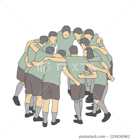 Team of soccer players huddling together illustration vector hand drawn with black lines isolated on white background. Team of soccer players huddling together illustration vector hand drawn with black lines isolated on white background. 129836962