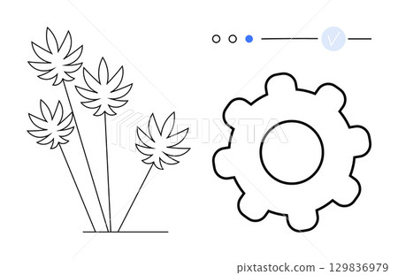Stylized gear and abstract plants, minimalist interface elements with check mark. Ideal for technology, nature, eco-friendly, software, balance, minimalism concepts. Line metaphor Stylized gear and abstract plants, minimalist interface elements with check mark. Ideal for technology, nature, eco-friendly, software, balance, minimalism concepts. Line metaphor 129836979