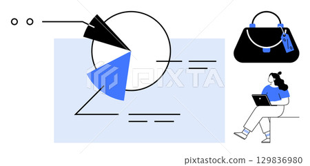 Businesswoman sitting and analyzing pie chart on laptop with purse beside her. Ideal for work-life balance, business analysis, productivity, remote work, data management, professional lifestyle Businesswoman sitting and analyzing pie chart on laptop with purse beside her. Ideal for work-life balance, business analysis, productivity, remote work, data management, professional lifestyle 129836980