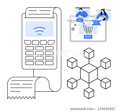 Digital payment terminal with receipt, online shopping on a tablet screen, and a blockchain network. Ideal for eCommerce, digital payments, financial technology, retail shopping, blockchain, online 129836981